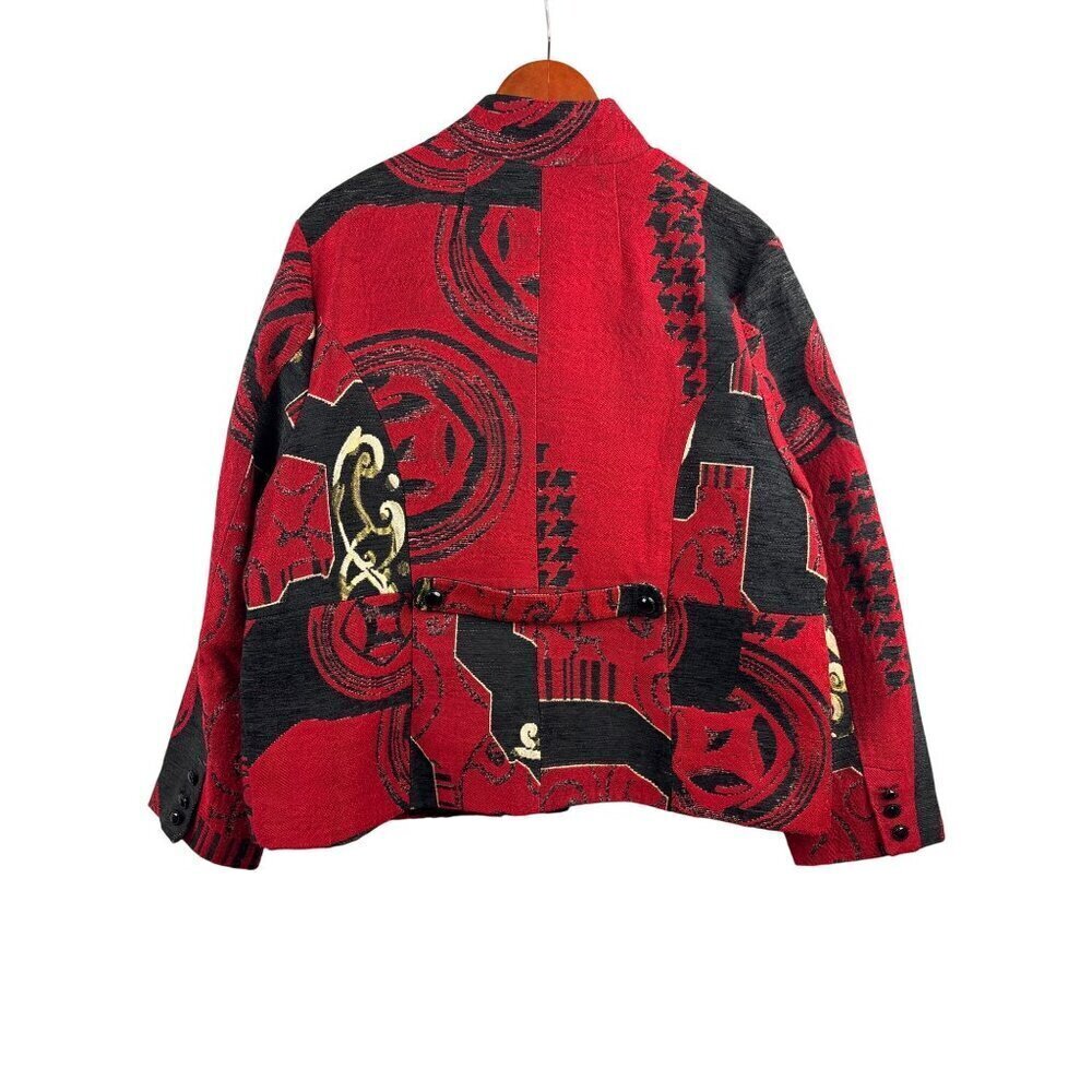 Women’s Chico’s Size 2XL Red, Black, & Cream Patterned Overcoat - Picture 3 of 5